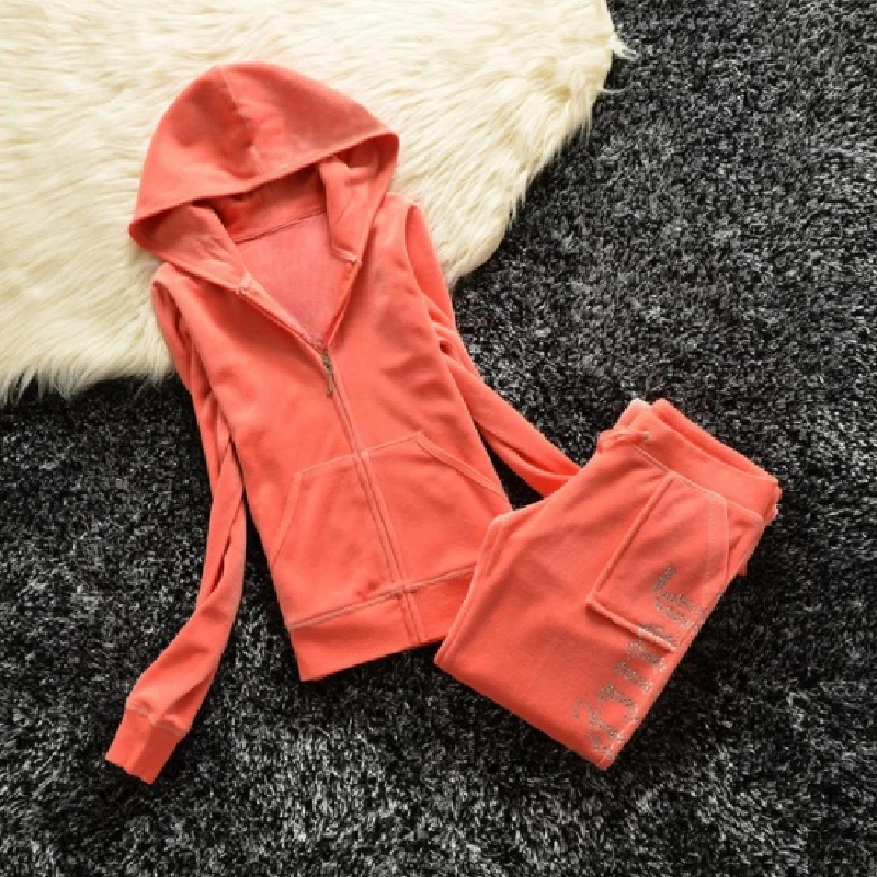 Y2k 2024 Set pakaian olahraga wanita, setelan 2 potong Hoodie beludru Juicy untuk wanita dan celana kaki lebar