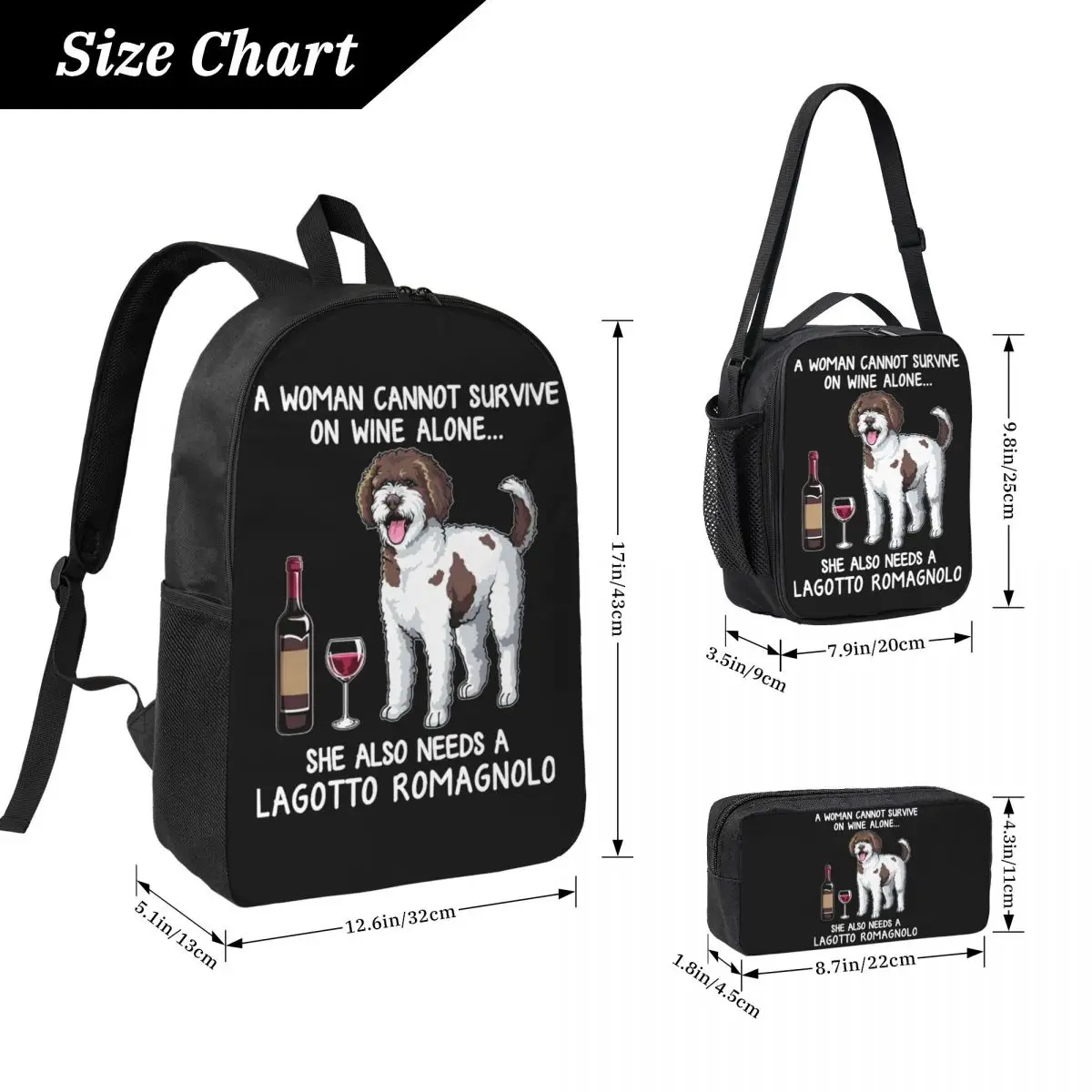 Lagotto Romagnolo And Wine Funny Dog Fitted Backpack BookBag School Bag Laptop Shoulder Bags 3ps Insulated Lunch Bag Pencil Case