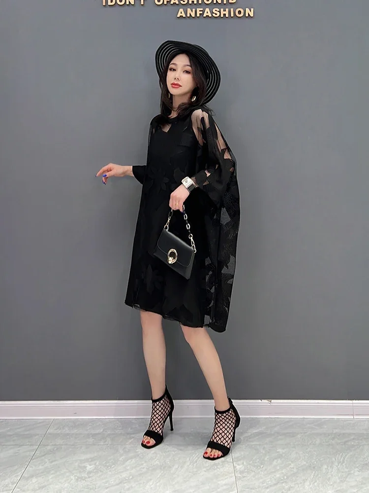 XITAO Black Mesh Jacquard Dress Loose Hollow Out Perspective Net Cloth Mini Dress Summer New Three Quarter Sleeve WMD7032