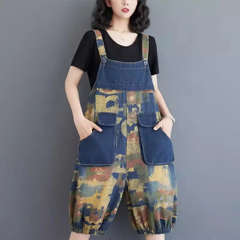 Summer Jumpsuit New Organ Large Pocket Retro Print Loose Big Size Denim Strap Pants Women's Shorts Thin Style Casual Jeans K1581