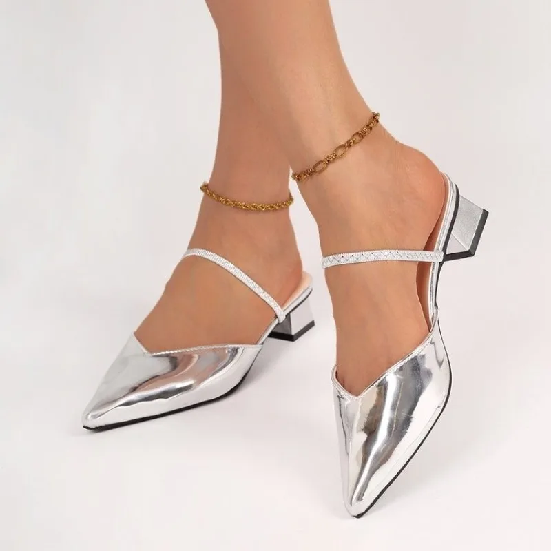 French High Heels Women's 2026 Summer New Block Heel One-line Strap Back Empty Wrapped Head Slippers