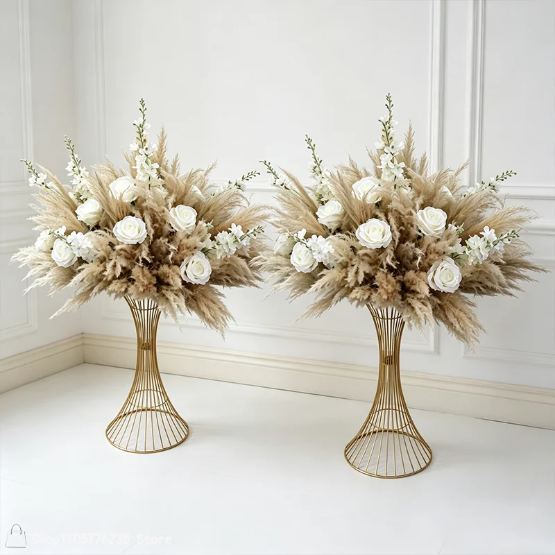 Künstliches Pampasgras, weiße Rosen, Tischdekoration, Blumenball-Arrangement, luxuriöse Hochzeitsempfangsdekoration, Blumendekoration für Events und Partys – Detail 4