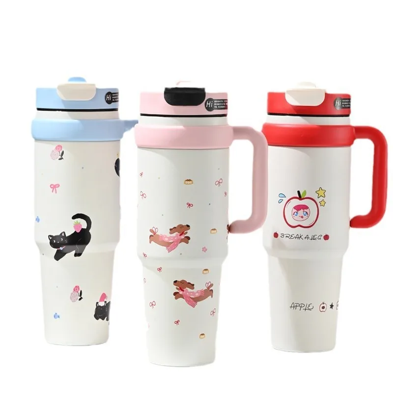 1000ml New Straw Cup Big Mac Insulated Cup for Girls Riding Stainless Steel Large Capacity Cup Cute Pattern Water Cup  Gift