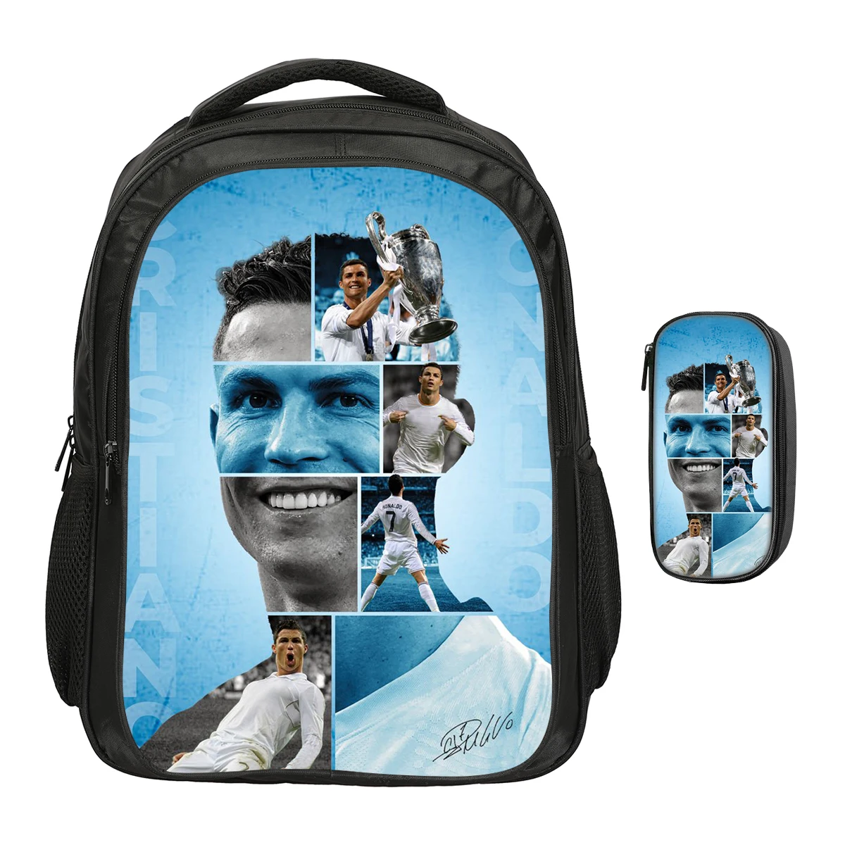 Ronaldo Double layered Backpack CR Football Star 2Pcs Set Backpack, Football Sports Pencil Bags School Bags Mochila Rucksack
