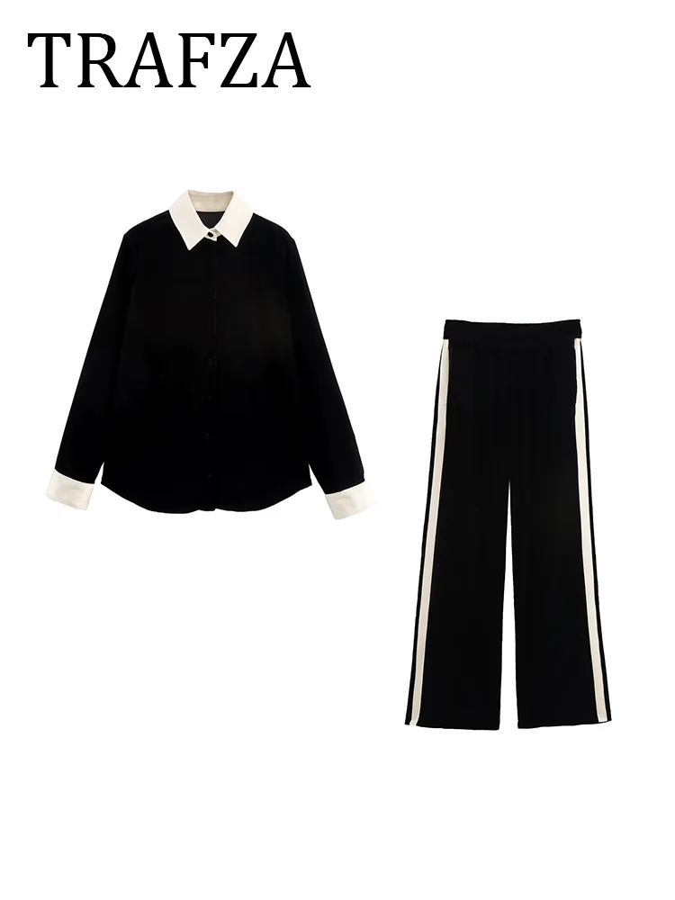 

TRAFZA Women Velvet Sets High Waist Wide Leg Side Decoration Pant White Turn-Collar Long Sleeves Temperament Shirt 2 Pieces Suit