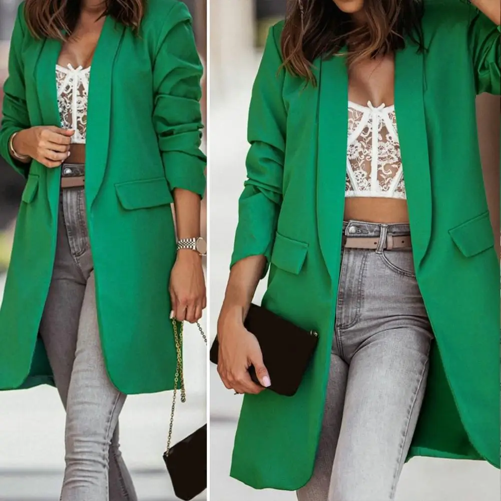 Ladies Blazer Office Lapel Cardigan Long Sleeves Mid-Length Oversized Blazer Women Autumn Winter Solid Color Suit Jacket Coats