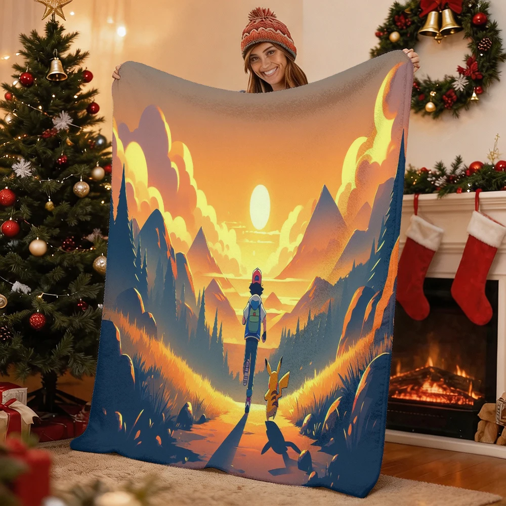 Pokemon Ash and Pikachu Sunset Mountain Landscape Print Flannel Throw Blanket Soft Warm Blanket for Sofa Bed Home Decor
