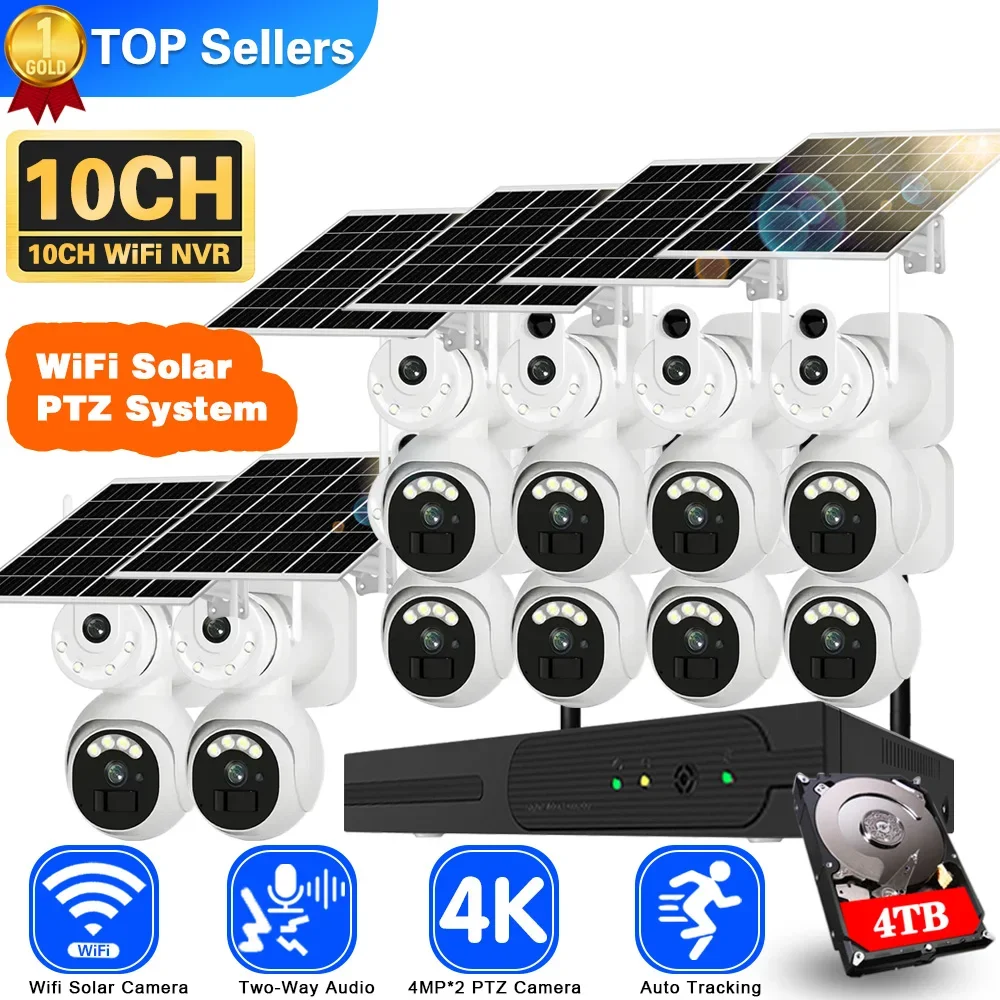 

4K 8MP Wifi Surveillance Dual Lens Solar PTZ Cameras Kit 10CH NVR Security System Wireless Two Way Talk CCTV Set Auto Tracking