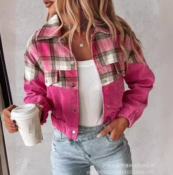 Women's Elegant Coat 2024 Spring Latest Checkered Patchwork Corduroy Contrasting Jacket Temporary Commission Loose Fitting Top