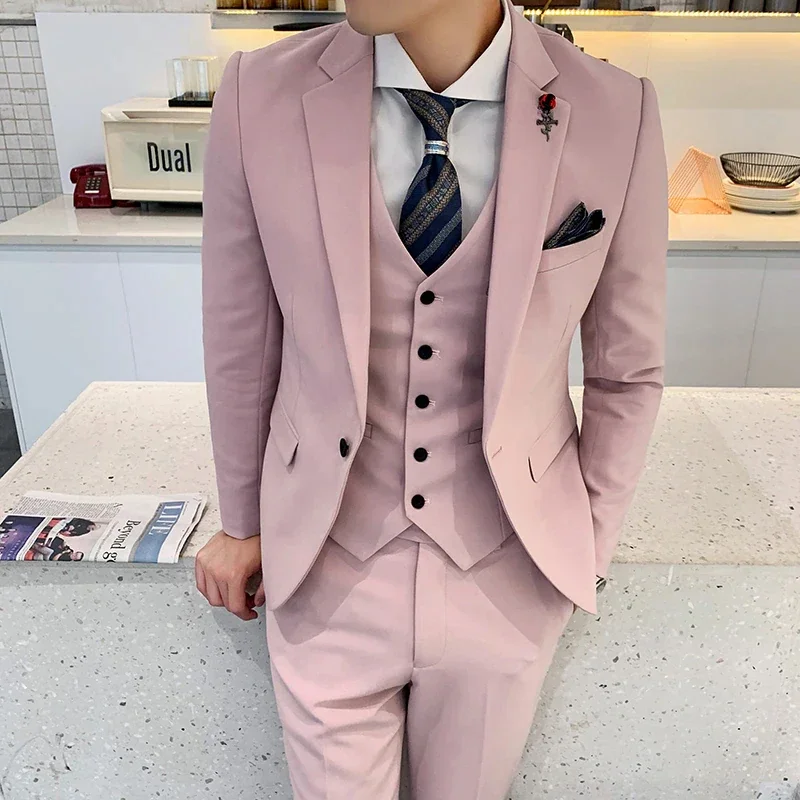 Slim Fit Notch Lapel Single Breasted Solid Color Men's Suits Elegant Prom Party Handsome Outfit Luxury 3 Piece Jacket Pants Vest