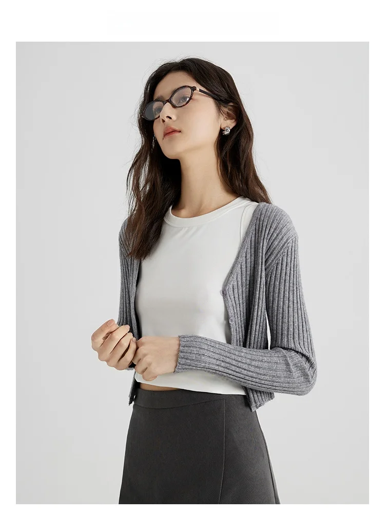 

Женский вязаный кардиган Lofi, весенний облегающий топ и комплект с юбкой, универсальный корейский стиль, V-образный вырез, длинный рукав