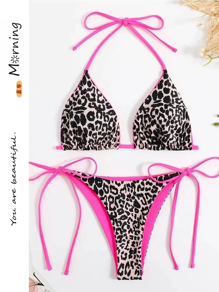 

Женский купальник-бикини с леопардовым принтом и бретельками для пляжного отдыха, спа и термальных источников, сексуальный, милый, для небольшой груди
