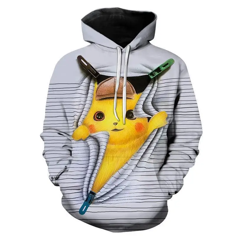 New Pokémon Pikachu 3D Digital Printed Top Men\'s Hooded Fashion Trendy Casual Long-sleeved Pullover Sweatshirt Birthday Gift