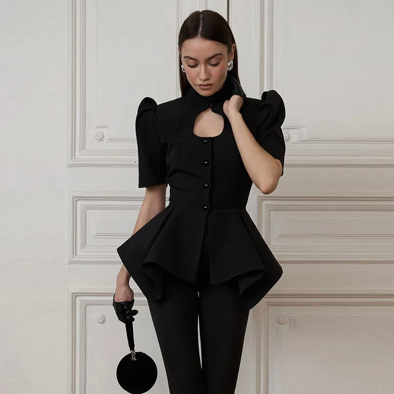 YYAHAHAS Elegant Solid Women's Coat Short Puff Sleeve Hollow Out Waist-Closed Lady Top Spring Summer Fashion Female Streetwear