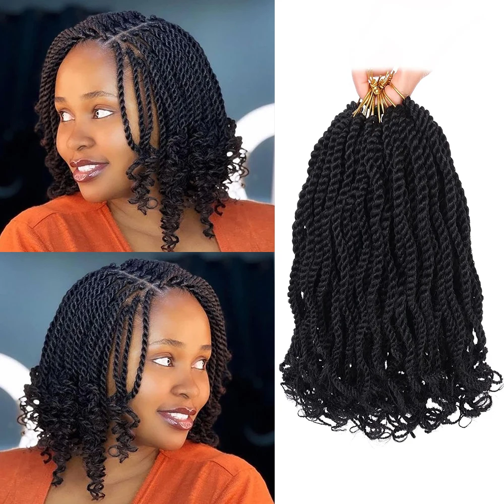 

8 упаковок волнистых сенегальских вязаных крючком для волос с вьющимися концами, 8-дюймовые черные синтетические короткие косы с предварительно закрученными петлями,