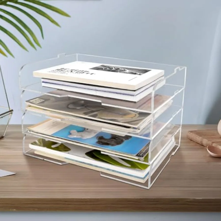 

4 Pack- Stackable Paper Letter Tray, Clear Acrylic Magazine Holder and File Organizer - Sleek Desk Organizer for Home Office, B