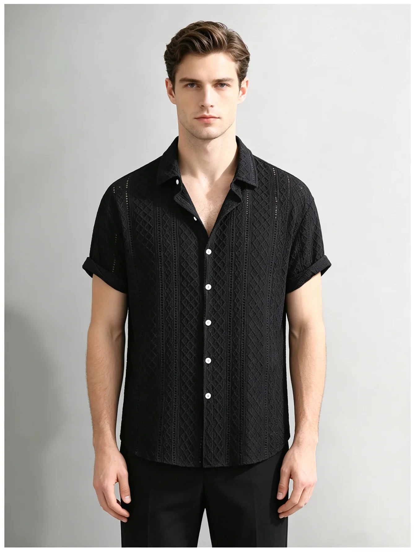 Open Diamond-Shaped Short-Sleeved Shirt, with Breathable Perforations, Low-Saturation Black Tone. Suitable for Beach Vacations,