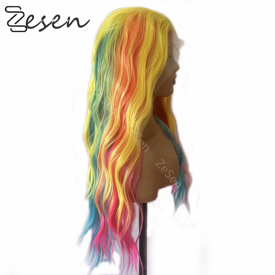 Highlight Color Wig Synthetic Lace Front Wigs Baby Hair Ombre Yellow Pink Mixed 26Inch Long Wavy Cosplay For Women  Daily Party