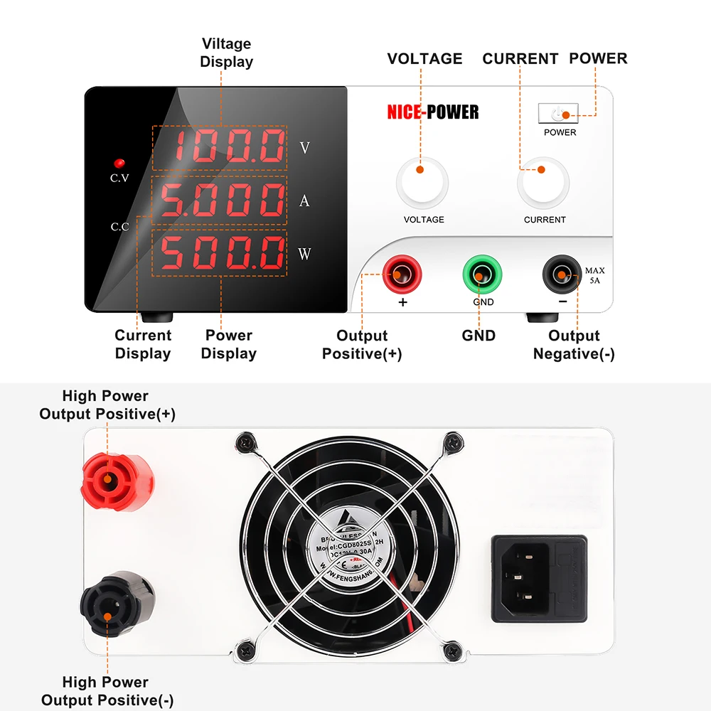 KUAIQU R-SPS1005 100V 5A 500W  High Power DC Power Supply Adjustable Bench LED Display with Encoder Knob for Plating Test