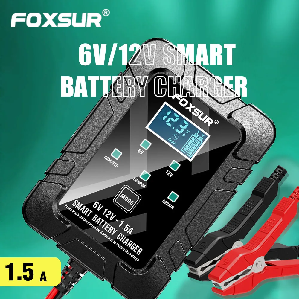 FOXSUR-Chargeur de batterie intelligent pour voiture, moto automatique, tondeuse à gazon, tracteur, plomb-acide, AGM, GEL, chargeur d'entretien, 1,5 A, 6V, 12V