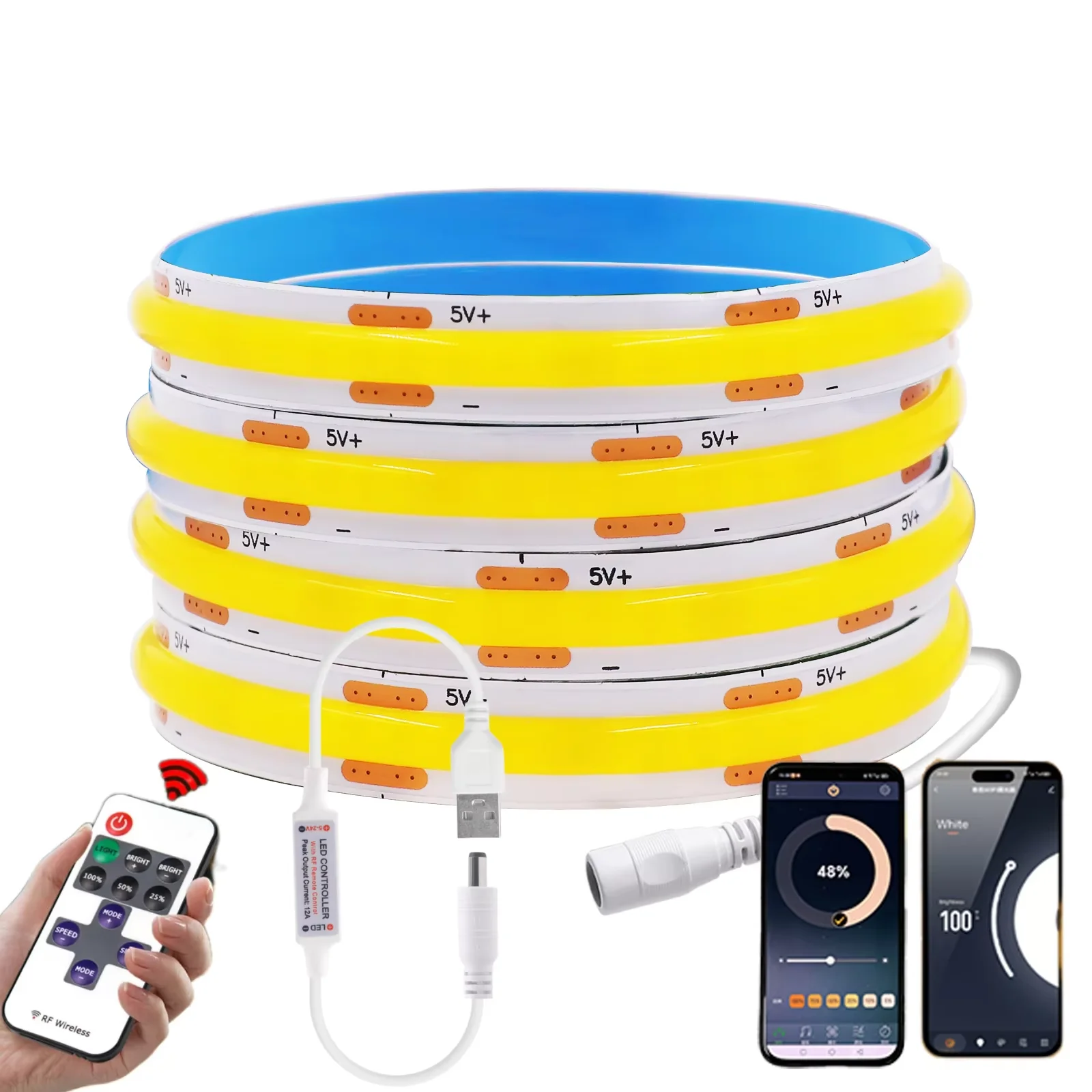 

5 В USB COB Светодиодная лента 320 светодиодов/м Wi-Fi Bluetooth Пульт дистанционного управления Ширина печатной платы 8 мм Гибкая лента для подсветки телевизора USB-подсветка для шкафа