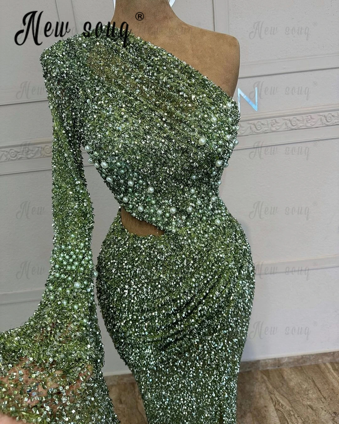 

Dubai Green Evening Dress Single Long Sleeve One Shoulder Beaded Wedding Party Gowns Arabic Birthday Prom Dresses Robe Soirée