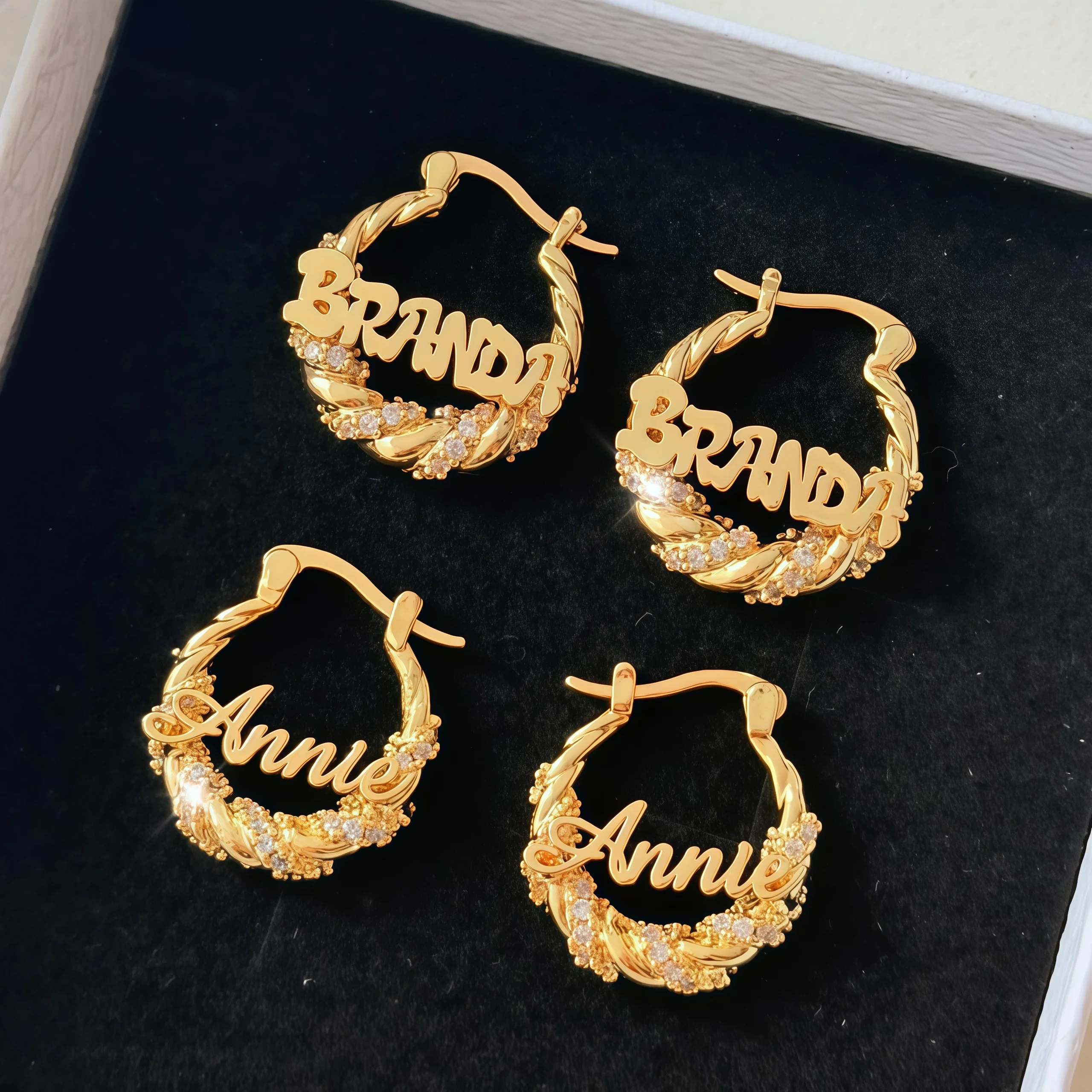 

DUOYING Vine Zircon Name Earrings Gold Stainless Steel Nameplate Personalized Letter Hoops