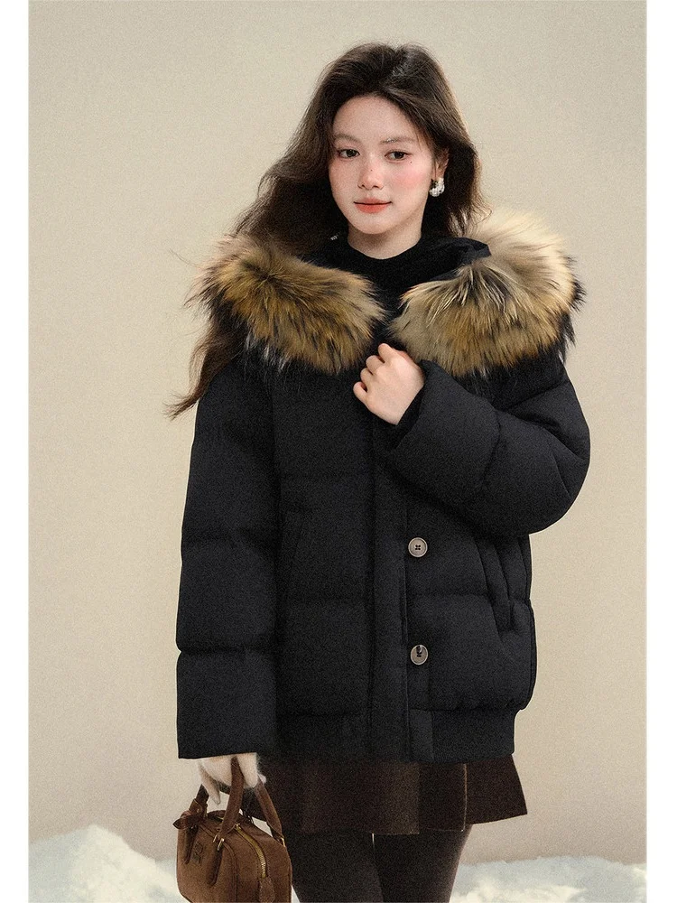 

South Deer Winter Hooded 90 Duck down Black Women's Jacket Coat Warm Fur Collar Casual Style Regular Fit Long Sleeve mid Length