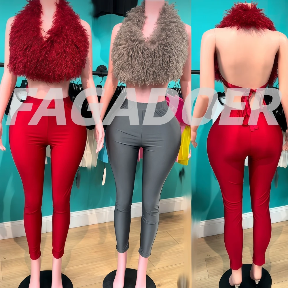 

FAGADOER Autumn New Sexy Fur Patchwork Woman 2 Piece Set Outfit Halter Backless Crop Top and Pants Matching Female Streetwear