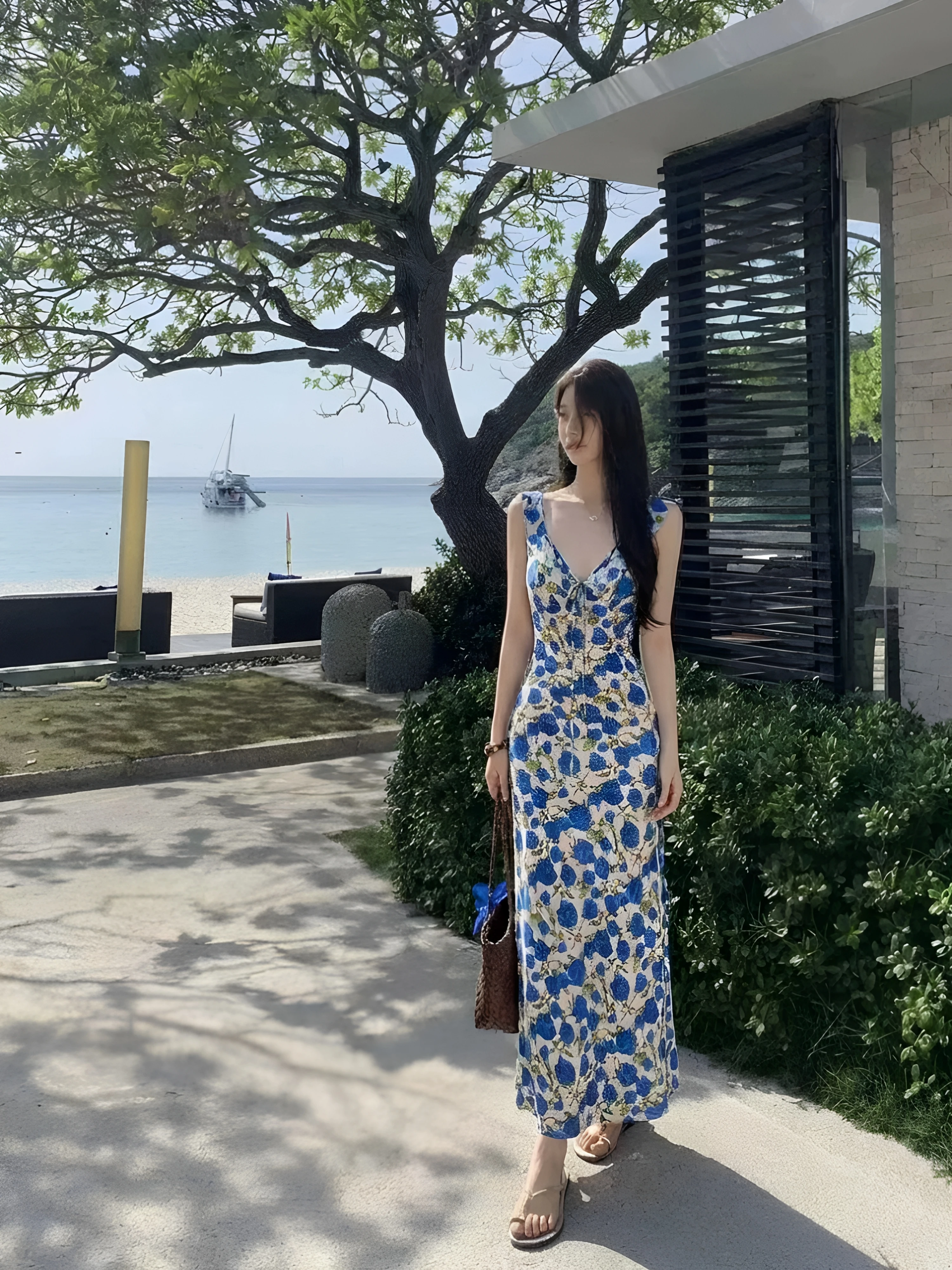 Klein Blue Floral Print Halter Dress Summer Vacation Style V-Neck Long Waist-Cinched Beach-Ready Women's Dress Casual Wear view 5