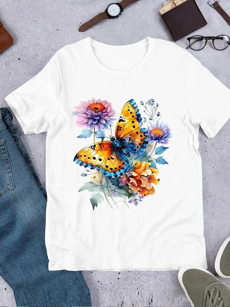 Casual Printed O-neck Printing T-shirt Clothes Ladies Butterfly Trend 90s Fashion Top Tee Short Sleeve T Women Female Clothing