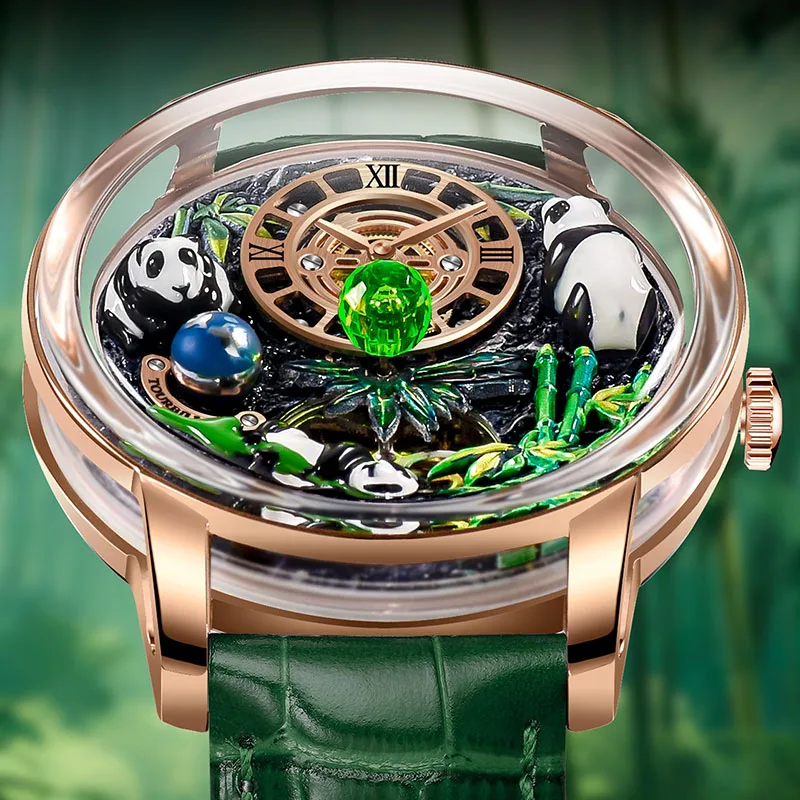 PINDU 2025 New Panda Series National Treasure Symbol Men Mechanical Watch Rotating Crystal Ball 45.5MM Men Automatic Wristwatch