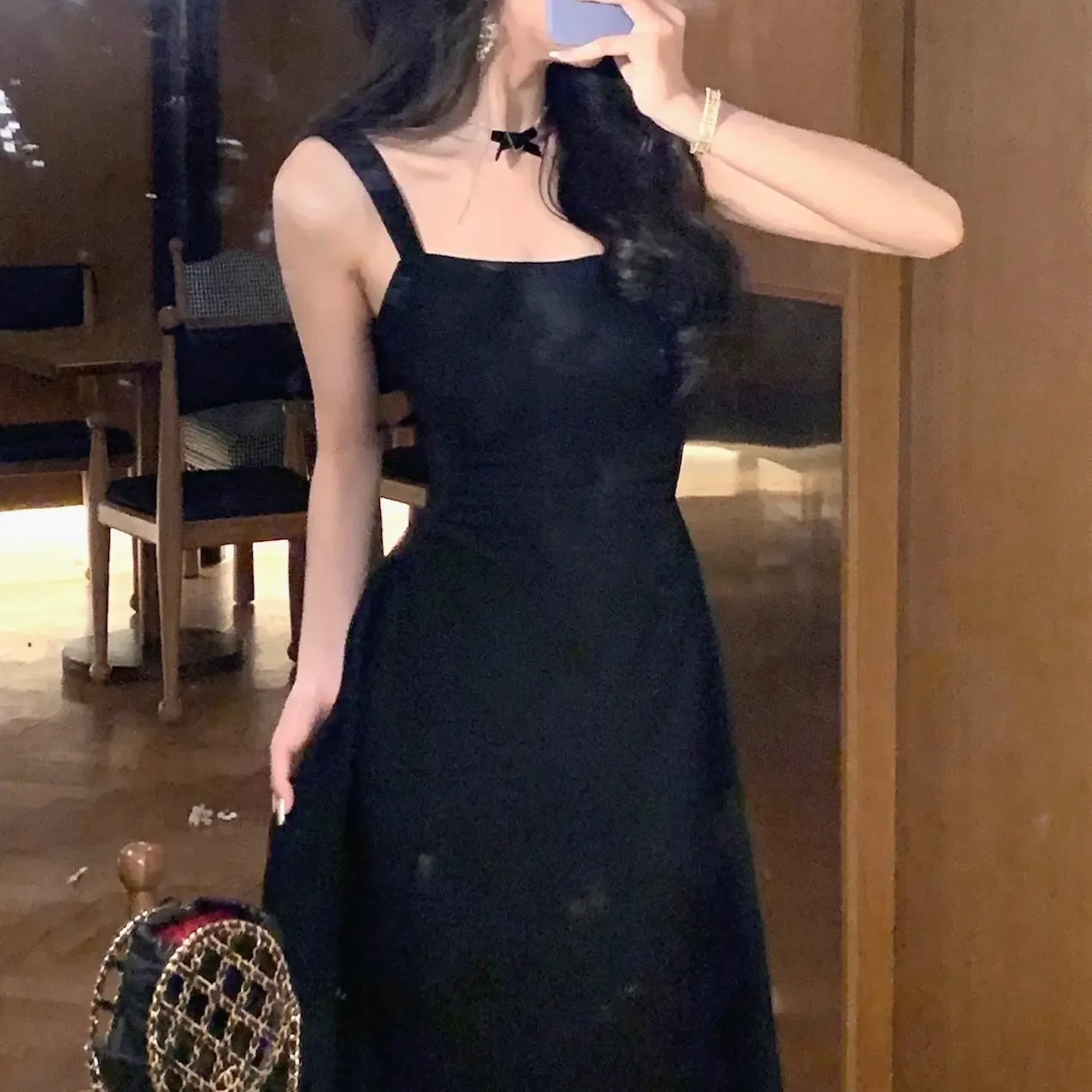 

French Slim Fit Summer Dress Korean Fashion Solid Color Square Neck Strap Dress Y2k Women Clothing