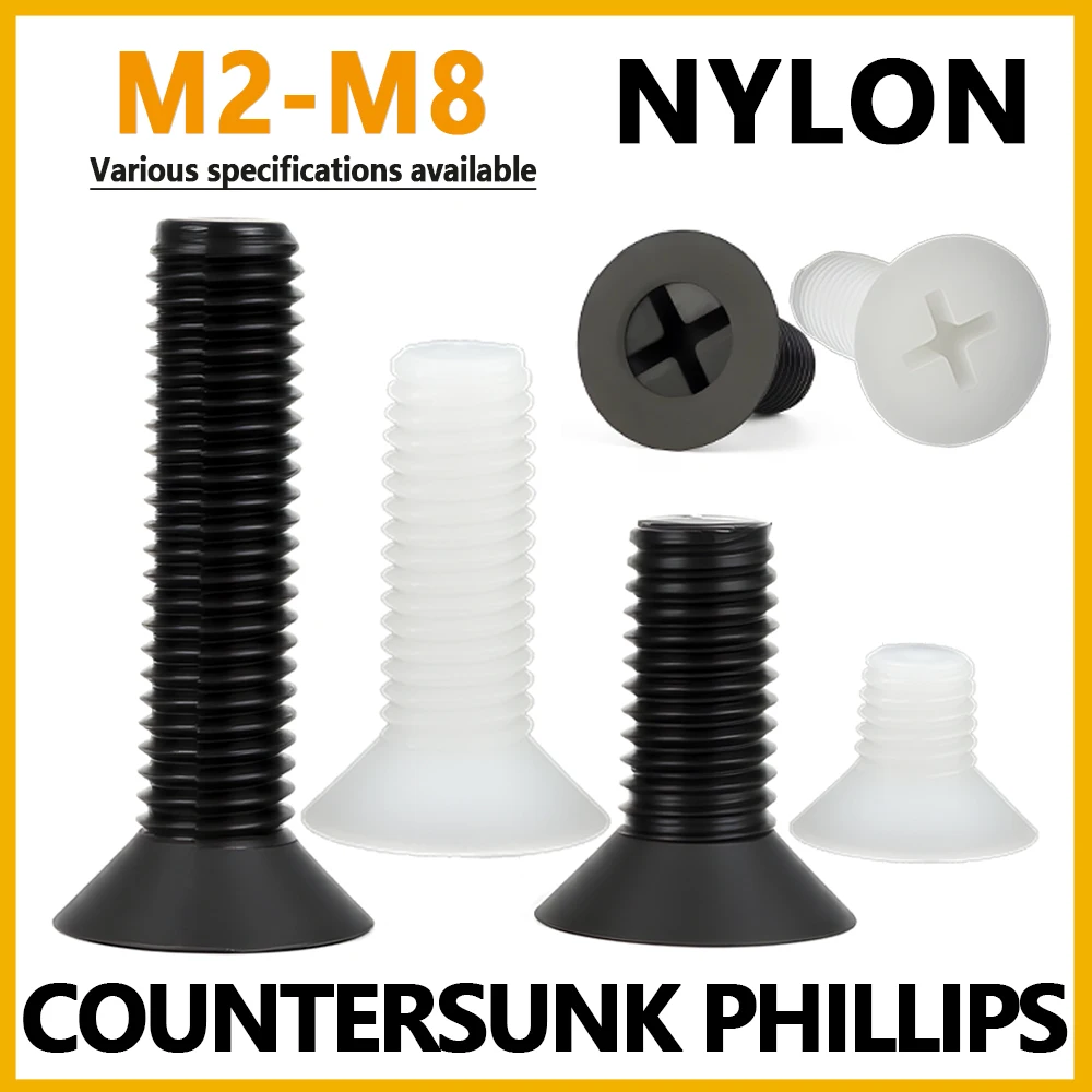 Nylon Phillips Countersunk Head Screws White and Black M2 M2.5 M3 M4 M5 M6 M8 Plastic Phillips Head Bolts Screw Length: 4~40mm