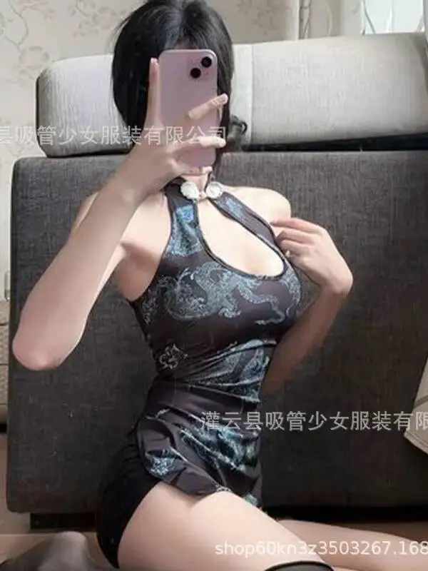 Floral Totem New Chinese Style Dragon Pattern Cheongsam Dress Trendy Backless Deep V Hanging Neck Sleeveless Dress Elegant 5TAJ