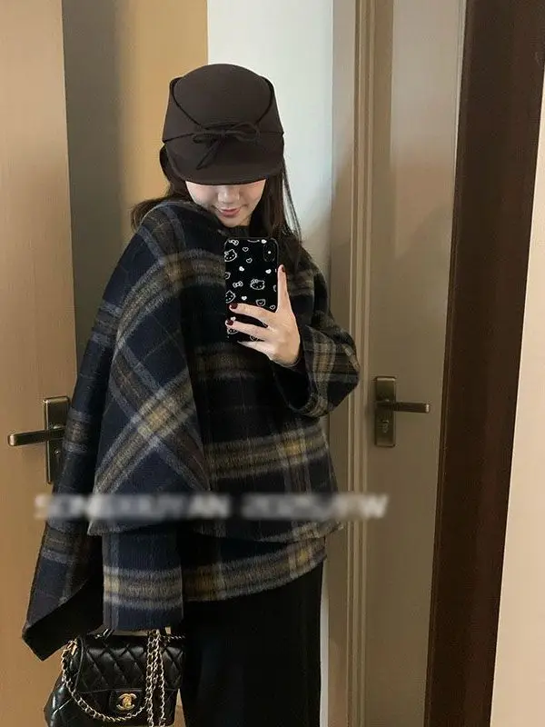 

Ретро-пальто асимметричного кроя из двусторонней шерсти для женщин, весеннее, с высококлассным дизайном, с воротником-стойкой, в клетку