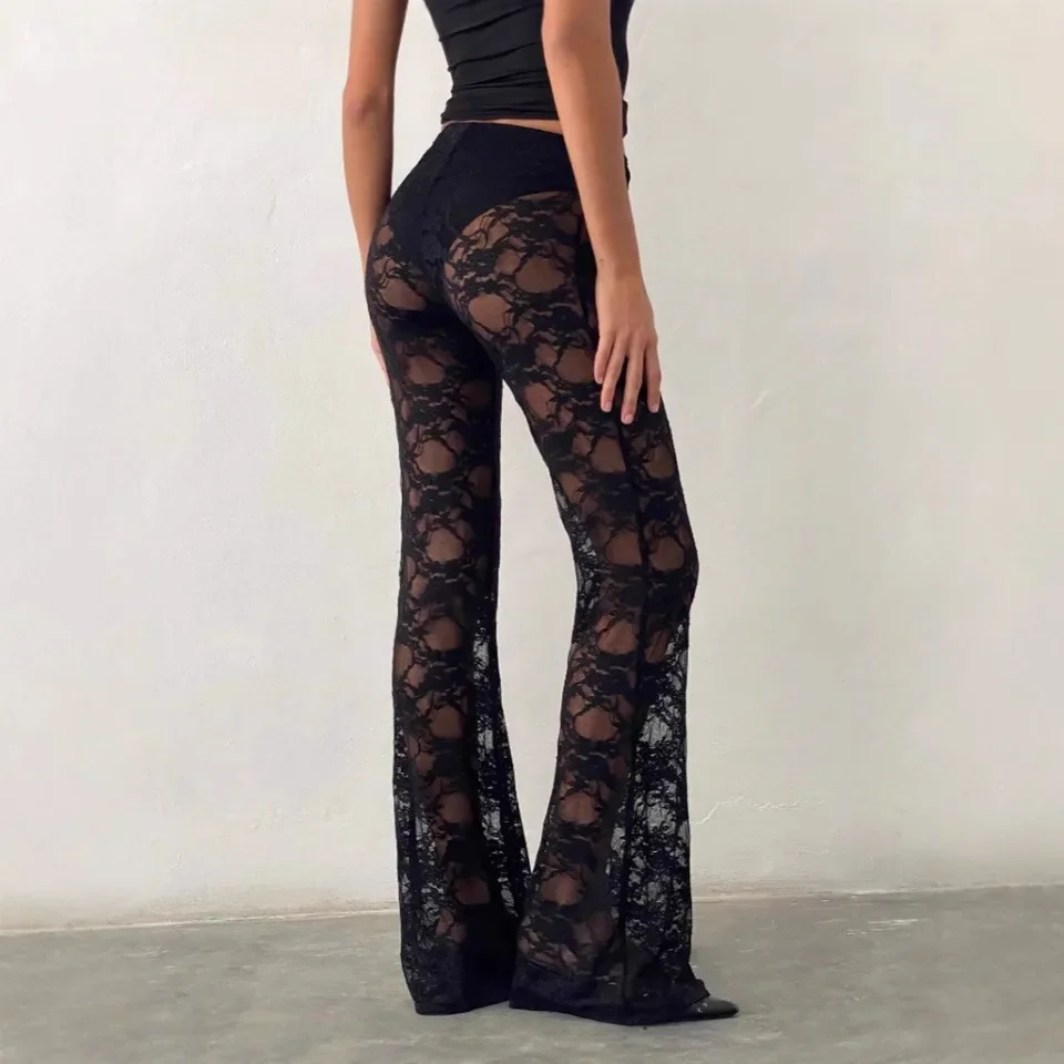 Women'S Summer Slim New Black Lace Sheer Casual Pants Sexy Printed High Waist Spicy Flared Pants Party Fancy Y2K Woman Clothing