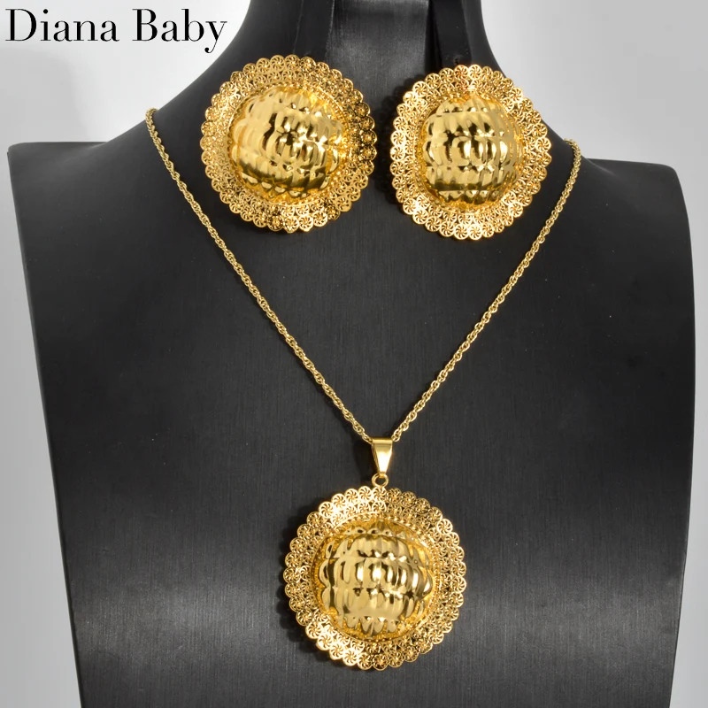 Diana Baby Dubai Gold Plated Jewelry Set Pendant Necklace Earrings Flower Geometry Jewellery Wedding Anniversary Accessories