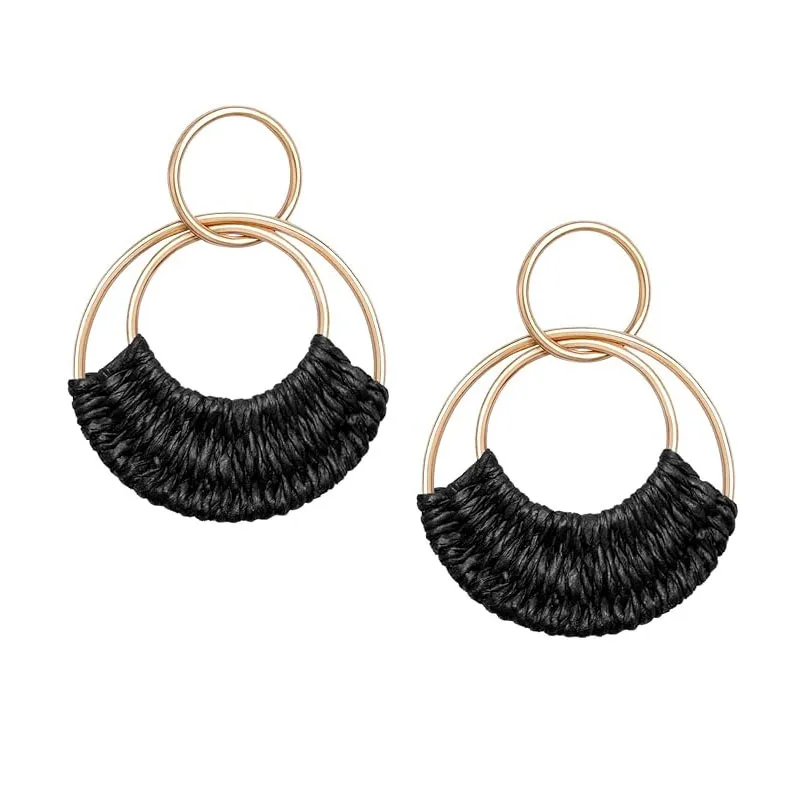1 Pairs Rattan Weave Earrings Boho Raffia Dangle Hoop Earrings Handmade Straw Wicker for Women Summer Beach Party, Black