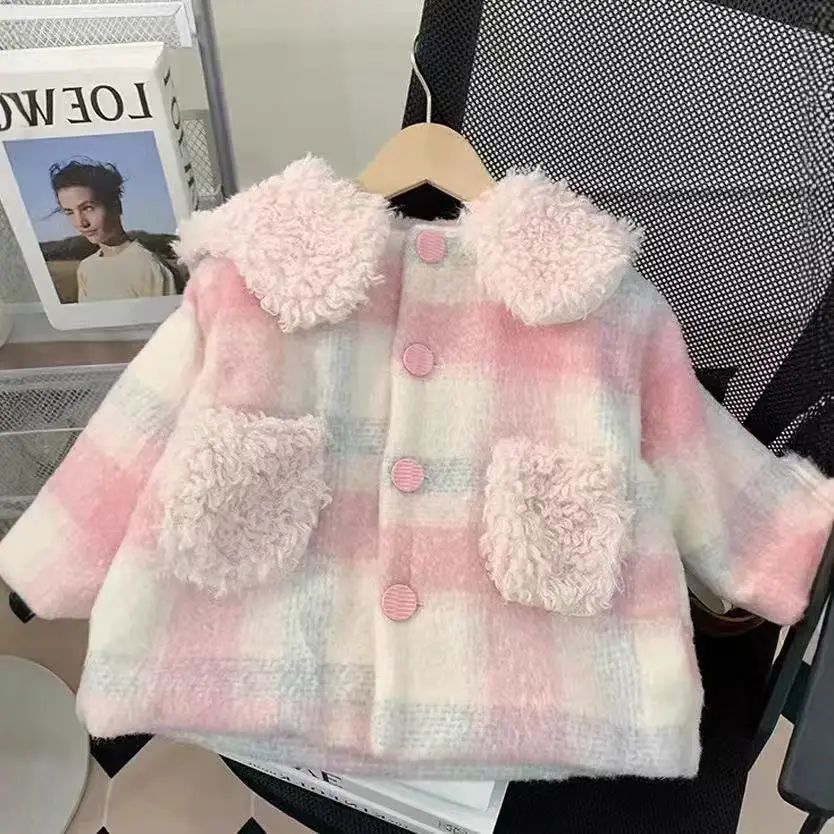 

Autumn Winter Children Girl Woolen Coat Plus Velvet Thick Warm Infant Baby Girl Outerwear Loose Knotbow Plaid Little Girl Jacket