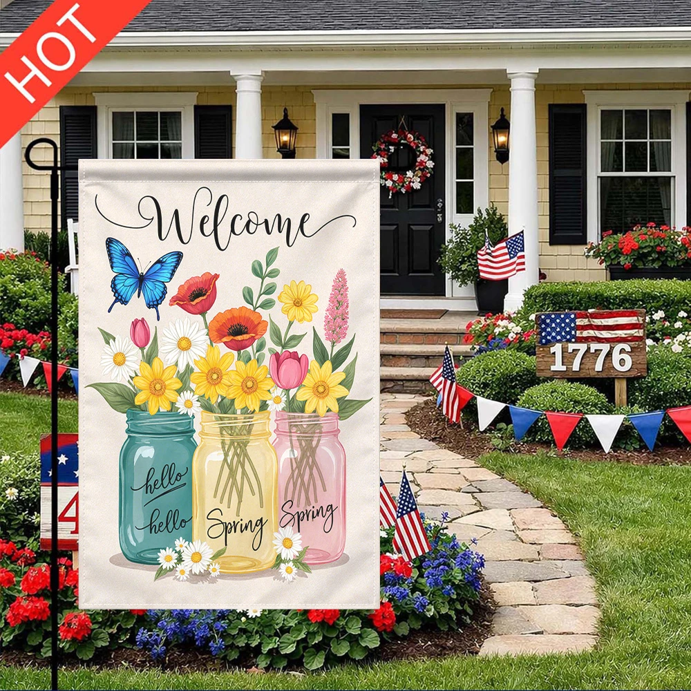 

Welcome Spring Floral Garden Flag Double Sided Print No Flag Pole Included Butterfly Flower Jar Decor