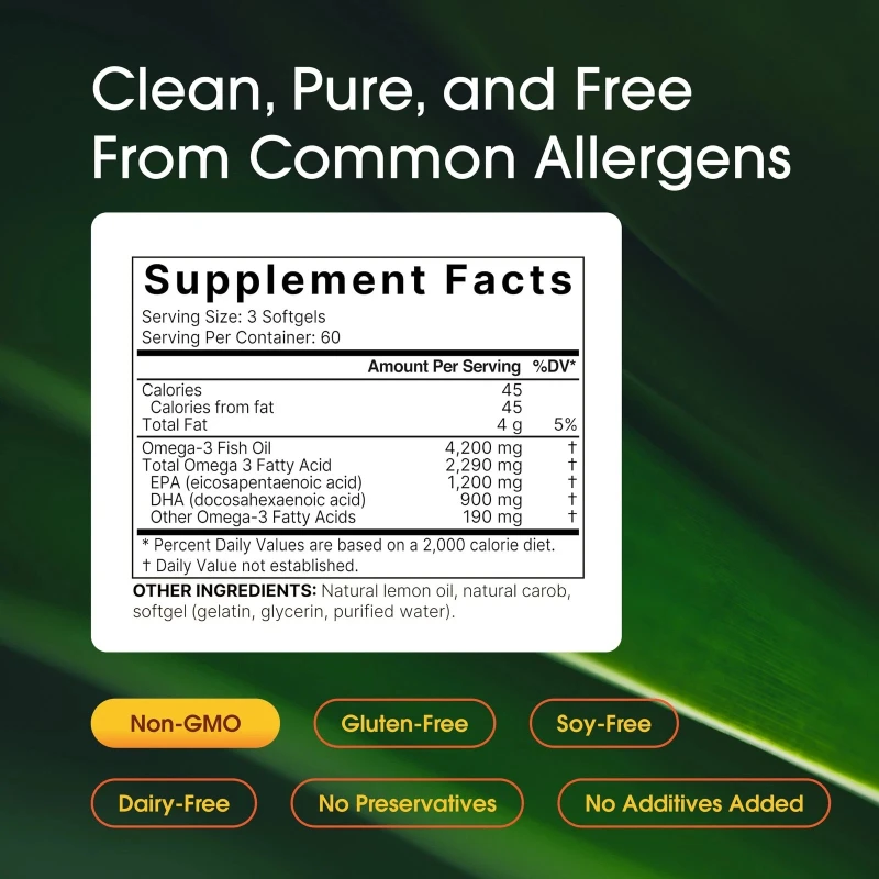 Omega-3 Fish Oil 4200mg Per Serving Non GMO Lemon Flavor EPA DHA Supplement Supports Joint Eye Health for Adults - view 2