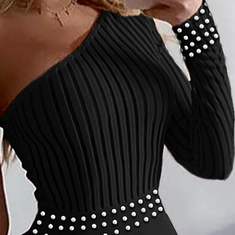 2024 New Spring and Autumn Fashion One-shoulder Jumpsuit Long Sleeve Women's Bubble Beads Solid Color Jumpsuit Women Fashion