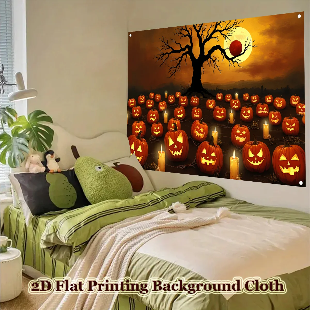 2D Flat, 1pc Large Glowing Pumpkin Lantern & Ghost Tree Halloween Banner - Self-Lit Party Background Wall with Glowing Jack-O'-L