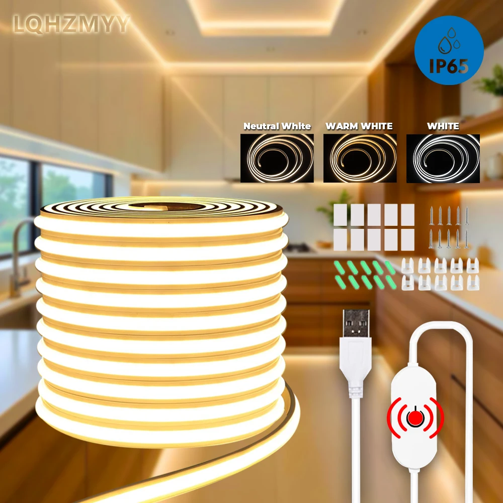 1M/2M/3M/4M/5M 1-Roll Dimmable Cob Neon Light, Low Voltage 5V USB Powered, Touch Sensor Switch, Touch Switch with Adjustable Light Brightness, White Light/Warm Light/Neutral Light, for Space-Themed Decor, Cabinet Tv Ceiling Lighting, Live Streaming Fill Light, Mirror Fill Light, Etc