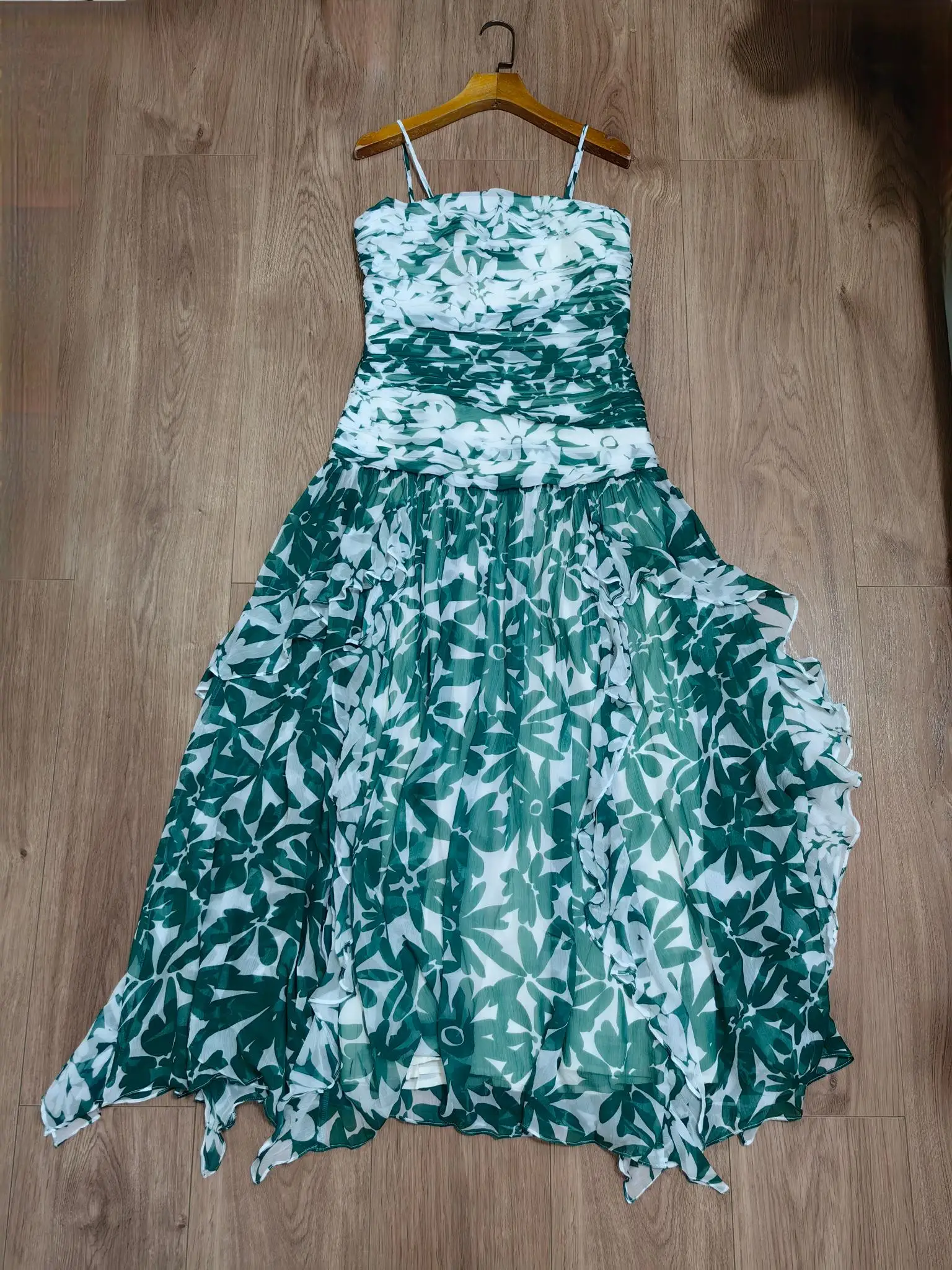 Women Green Flower Printed Strapless Slim Fit 100% Viscose Backless Maxi Dress