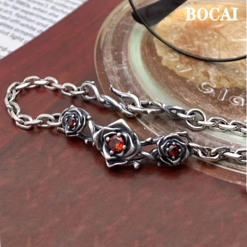 

BOCAI New Real s925 Silver Jewelry Accessories Retro Exquisite Trend Rose Bracelet for Women Girlfriend Gift