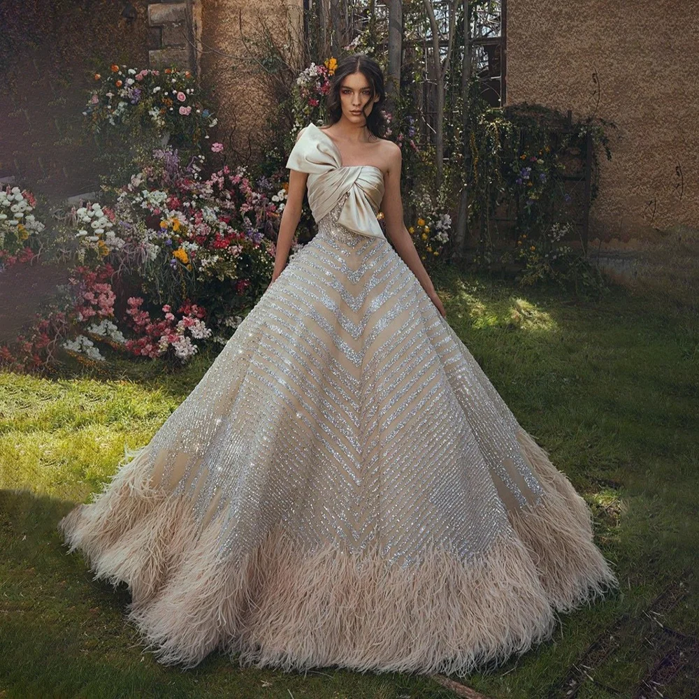

Роскошное свадебное платье с перьями и пайетками без бретелек, без рукавов, с открытой спиной, вечернее платье для женщин, вечерние халаты De Soirée