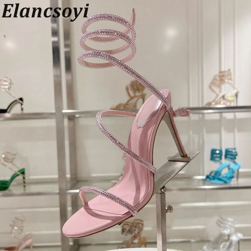 Sandalias Summer Bling Bling Shiny Rhinestone Decor Thin High Heels Sandals Women's Ankle Snake Shaped Winding Wedding Shoes