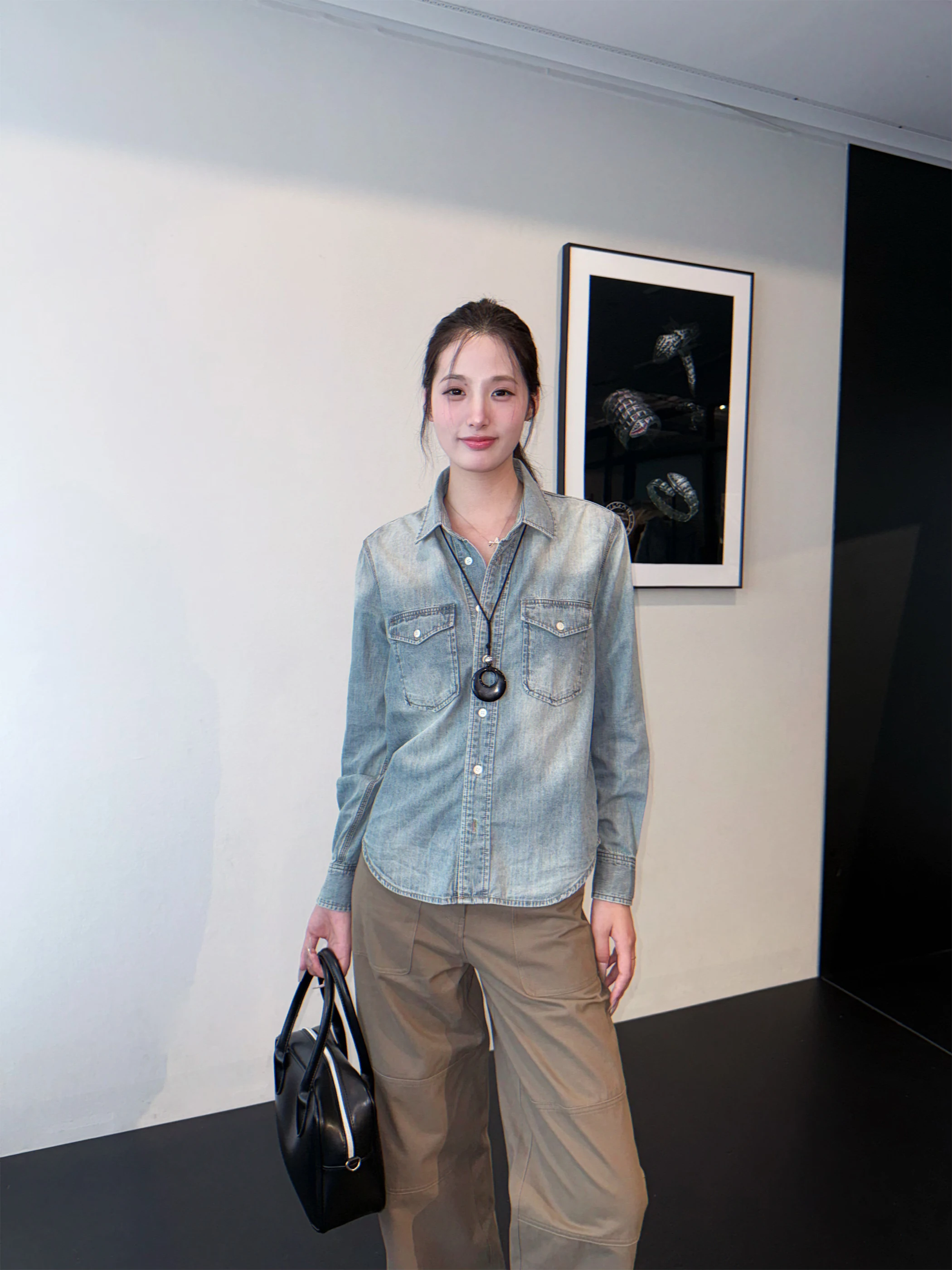 

Classic Vintage Waed Blue Soft Denim irt Loose Thin Outerwear High End Inner Wear Aassss Old Money Sle Cotton Long Sve